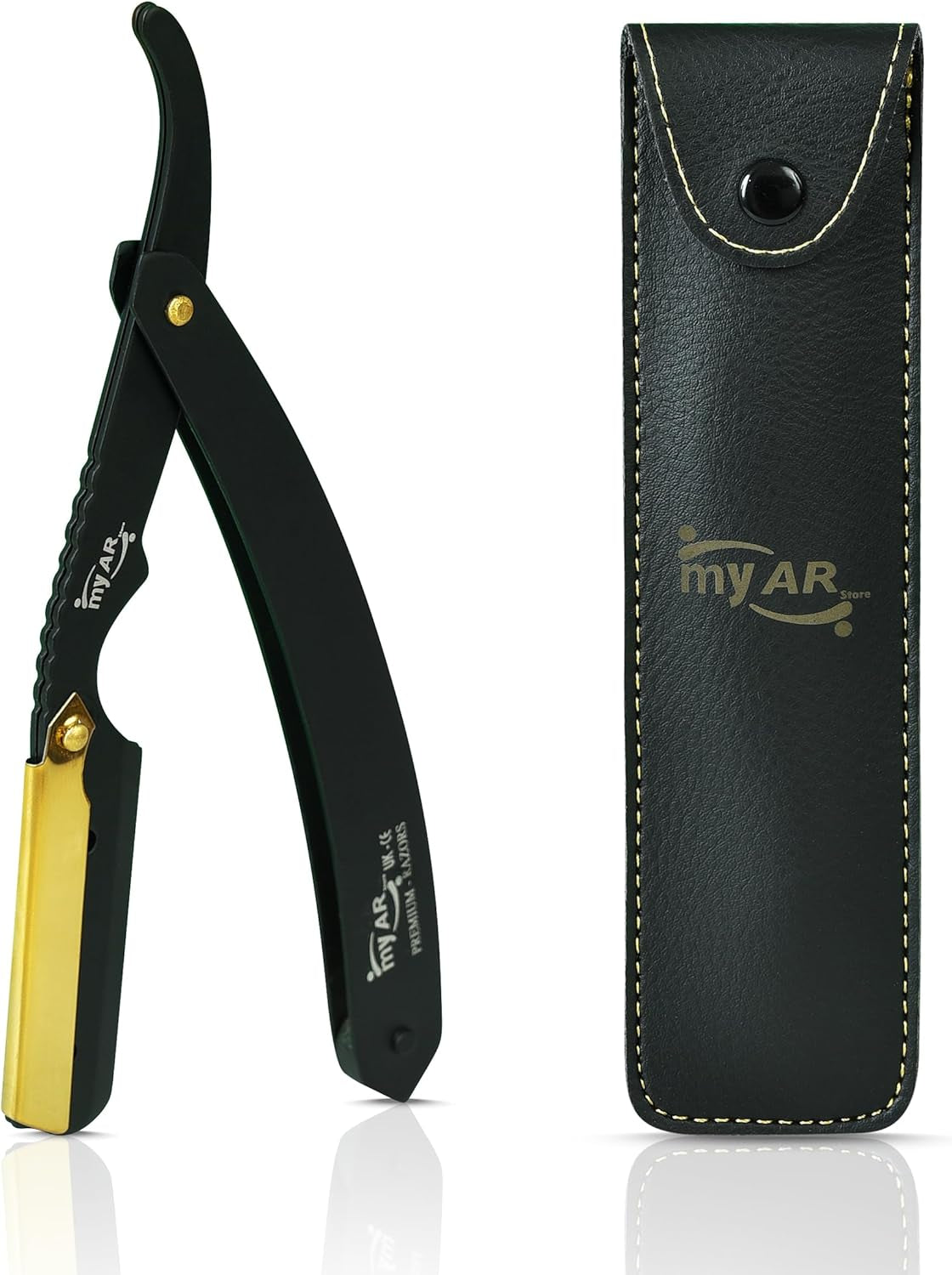 Straight Cut Throat Razor Kit - Professional Barber Shaving for Men - Moustache & Beard Kit (Black with Gold)