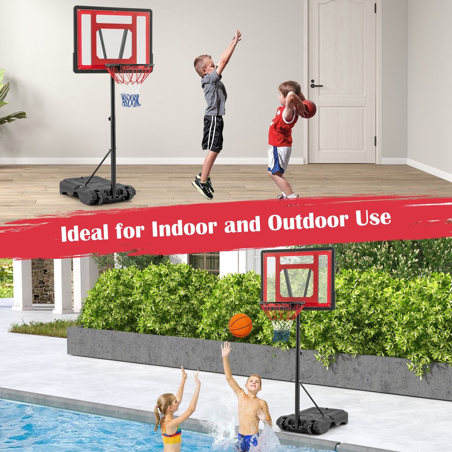 Swimming Pool Basketball Hoop Adjustable with Fillable Base and Wheels