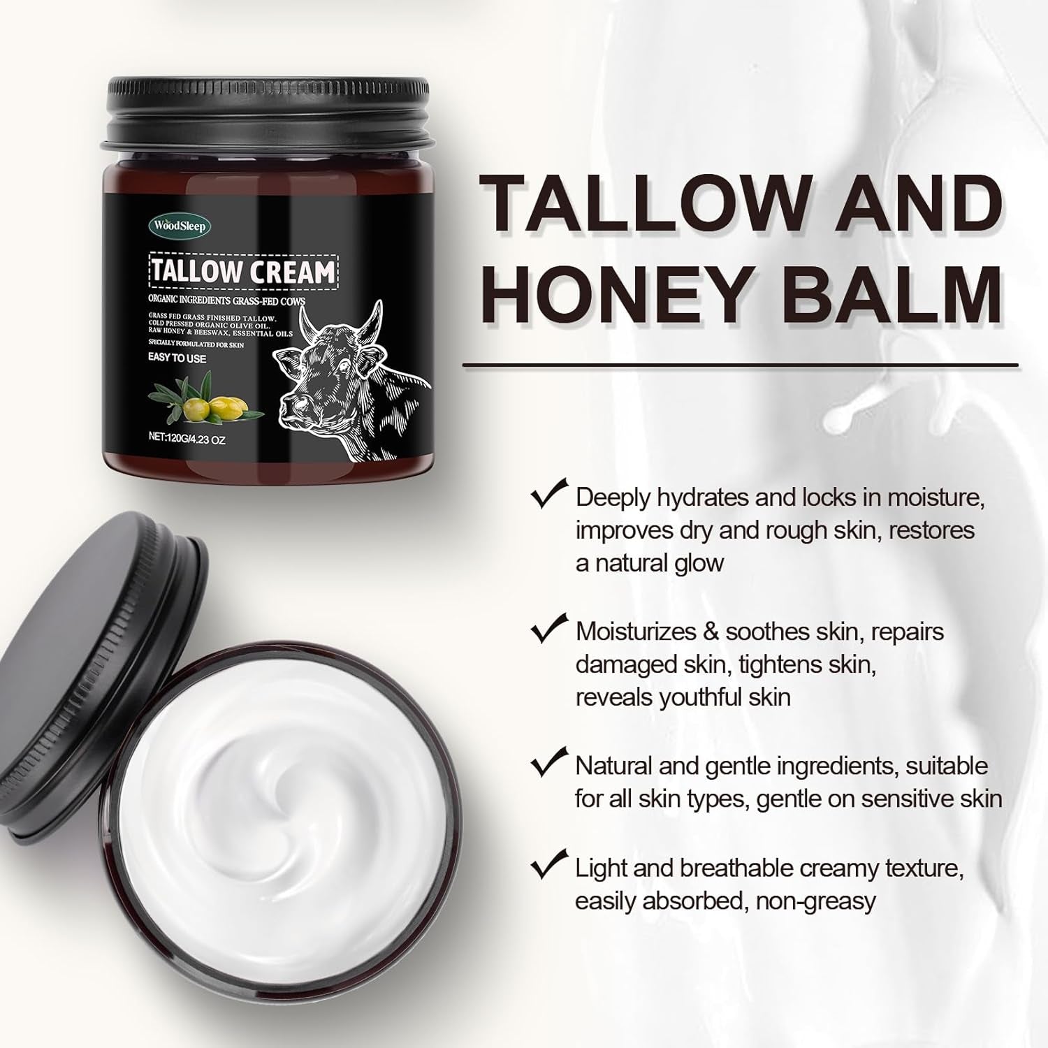 Beef Tallow,Beef Tallow for Skin,Beef Tallow Face Moisturiser, Organic Beef Tallow Skin Care, Grass Fed Beef Tallow Cream, Moisturizer and Nourishes for Face & Body 1Pc