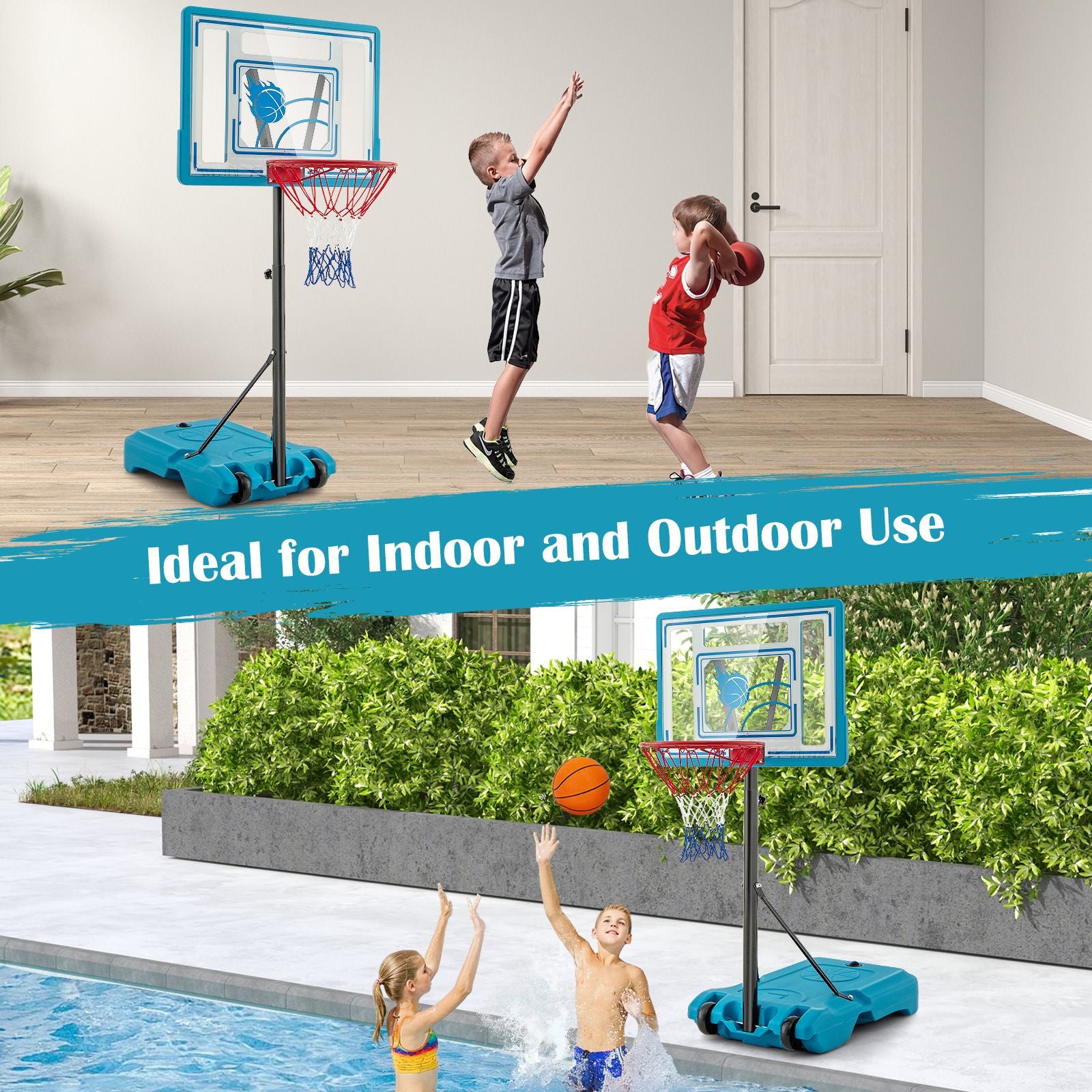 Swimming Pool Basketball Hoop Adjustable with Fillable Base and Wheels