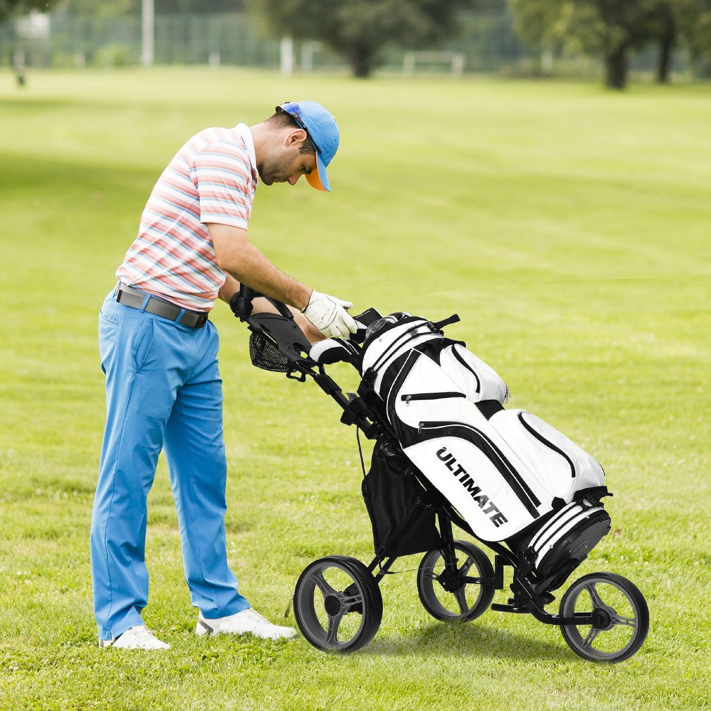 Golf Push Pull Cart with Storage Bag and Foot Brake