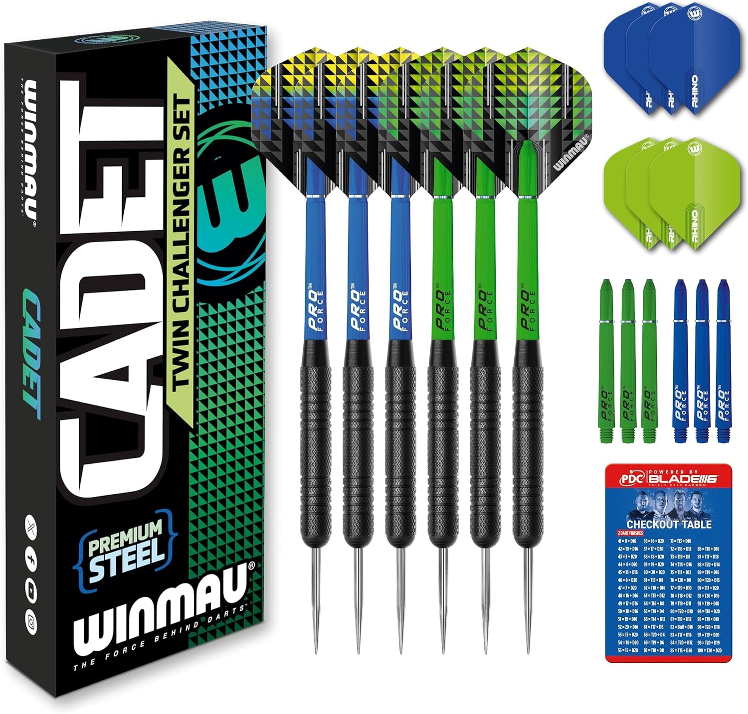 Darts Cadet Twinset - Premium Steel - 19G Steel Darts Set with Dart Flights and Dart Shafts (Stems) with Score Card