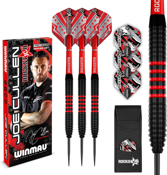 Darts Joe Cullen Rockstar 20G Brass Darts Set with Dart Flights and Dart Shafts (Stems) Including Checkout Card
