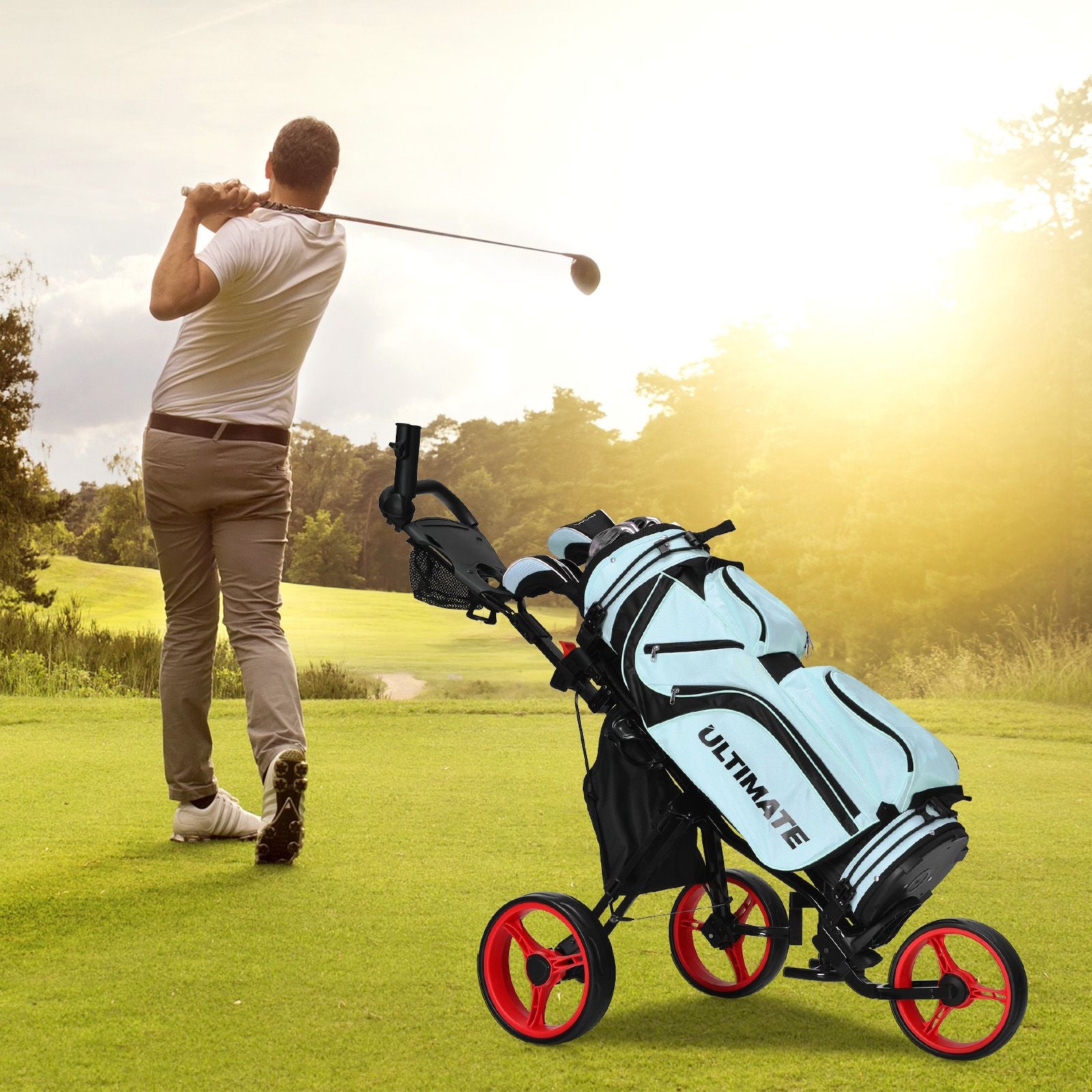 Golf Push Pull Cart with Storage Bag and Foot Brake