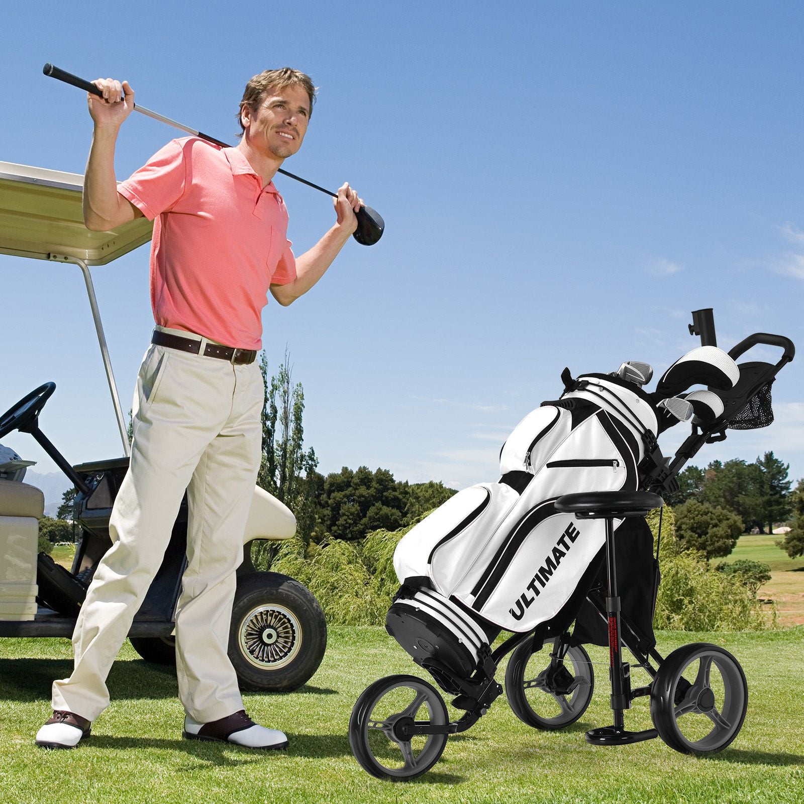 Golf Push Pull Cart with Storage Bag and Foot Brake