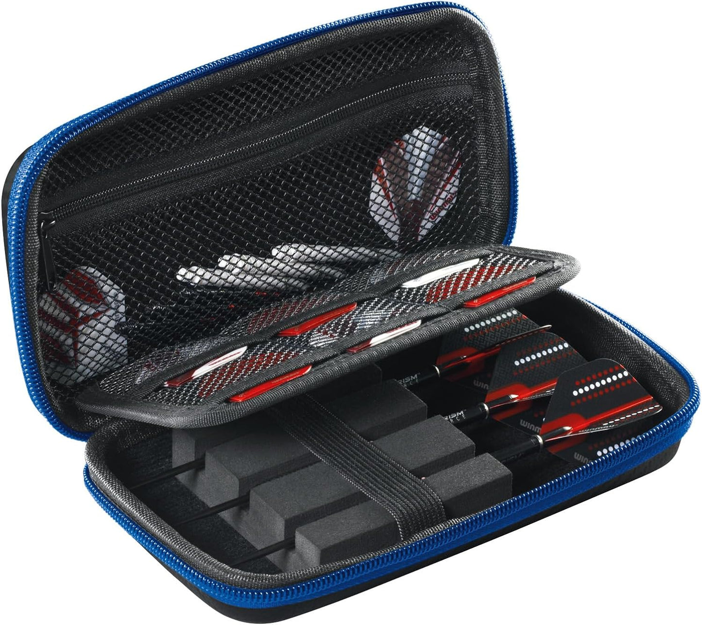 PDC Design Darts Case – Hard Dart Carry Case with Blue Zip | Holds 1 Set Fully Assembled Dart & Accessories | 10 Compartments | Durable Darts Storage & Organizer