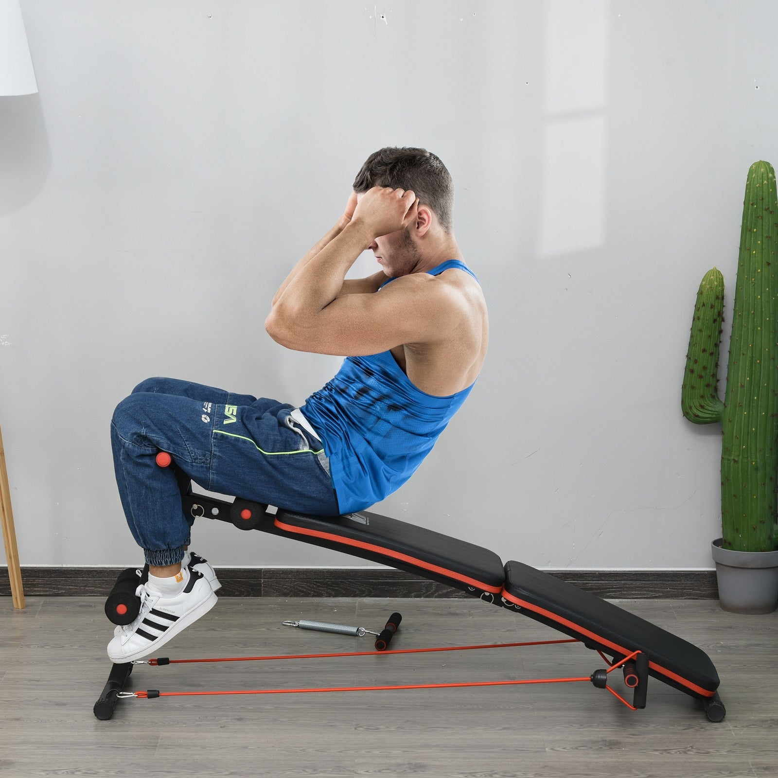 Foldable Sit up Bench Core Workout Fitness Home Gym Trainer W/ Arm Pulling Rope