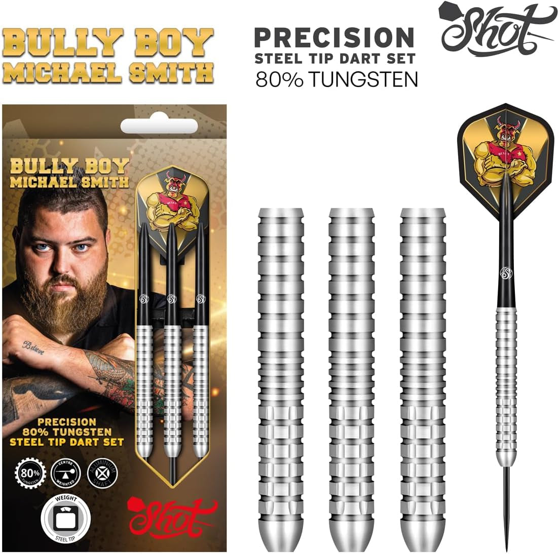 Darts Michael Smith Bully Boy Precision 80% Tungsten Pro Throwing Darts Steel Tip Set, Professional Designed Dart Flights for Women & Men Metal Tip Bar Darts for Adults