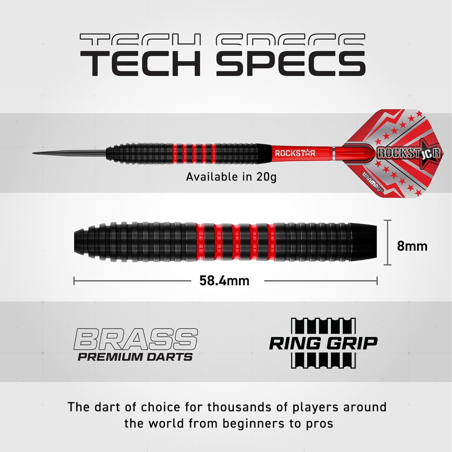 Darts Joe Cullen Rockstar 20G Brass Darts Set with Dart Flights and Dart Shafts (Stems) Including Checkout Card