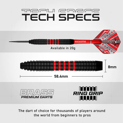 Darts Joe Cullen Rockstar 20G Brass Darts Set with Dart Flights and Dart Shafts (Stems) Including Checkout Card