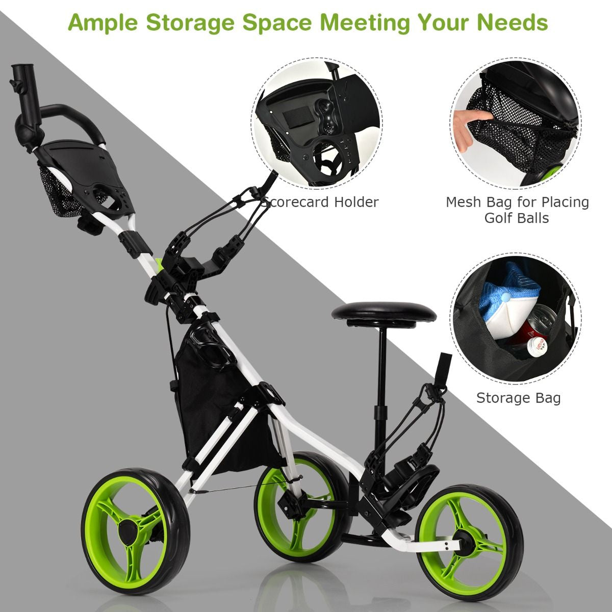 Golf Push Pull Cart with Storage Bag and Foot Brake