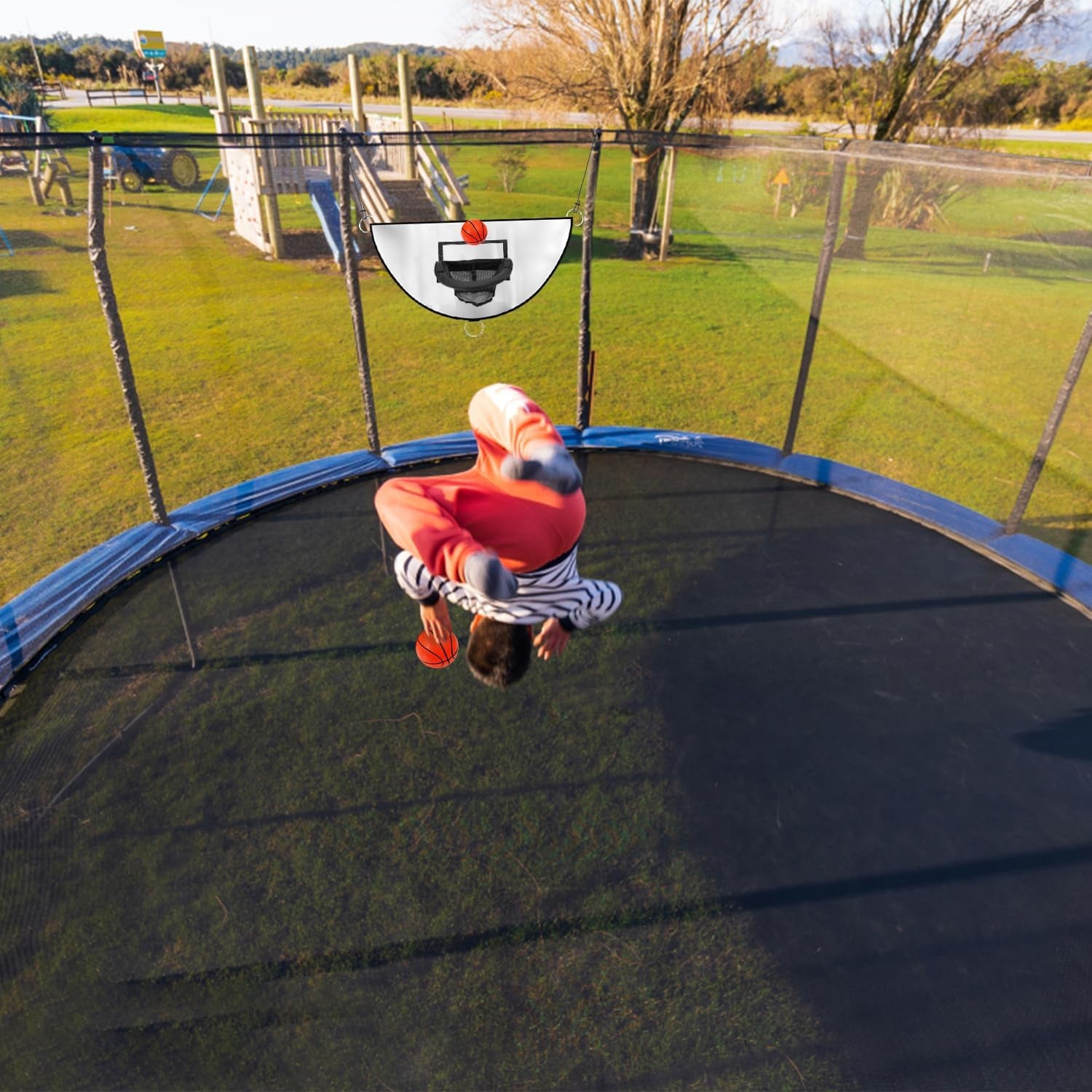 Trampoline Basketball Hoop, Breakaway Rim for Dunking Trampoline Basketball Attachment Goal Trampoline Accessory with Mini Basketballs for Basketball Lovers Kids Adults Indoor Outdoor Use