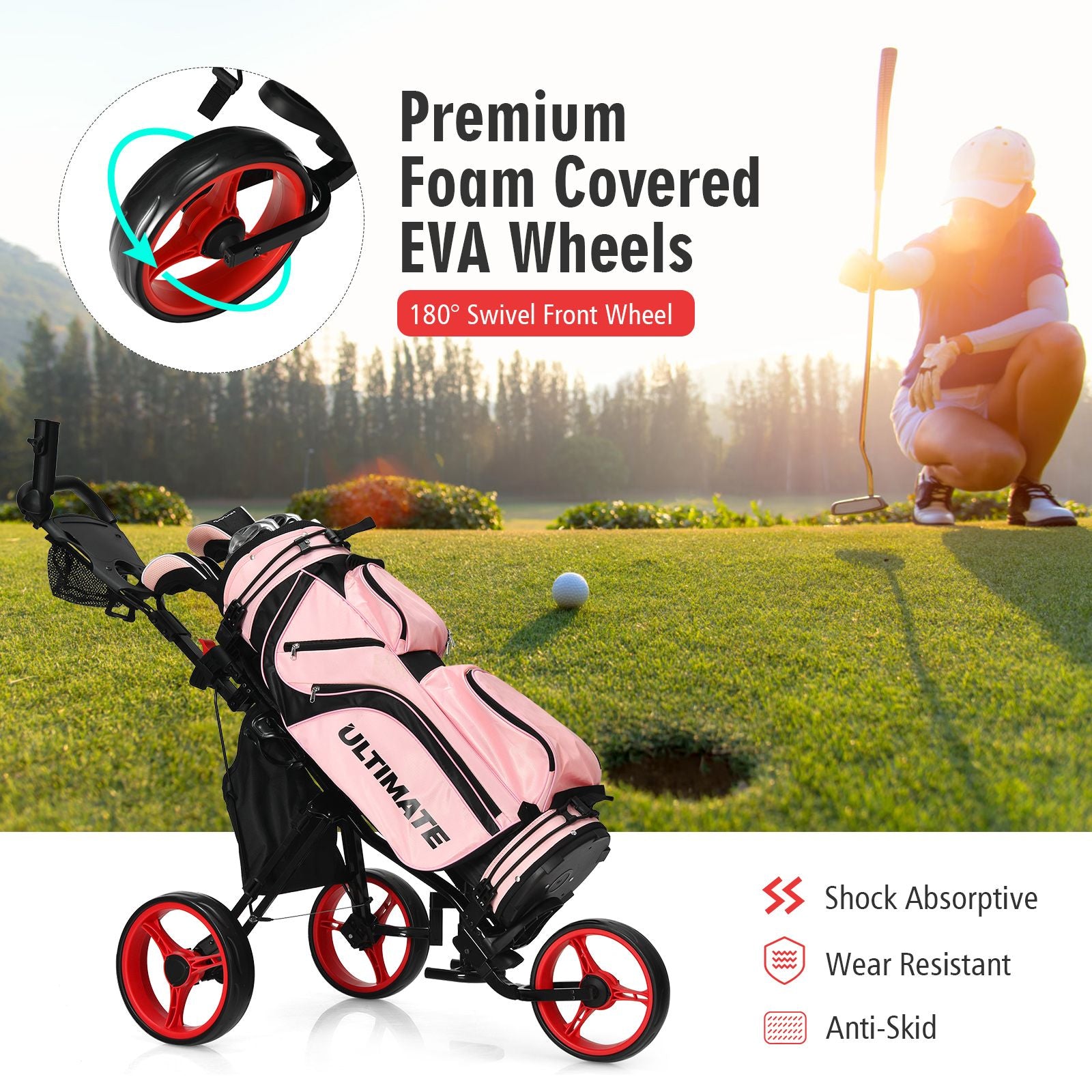 Golf Push Pull Cart with Storage Bag and Foot Brake