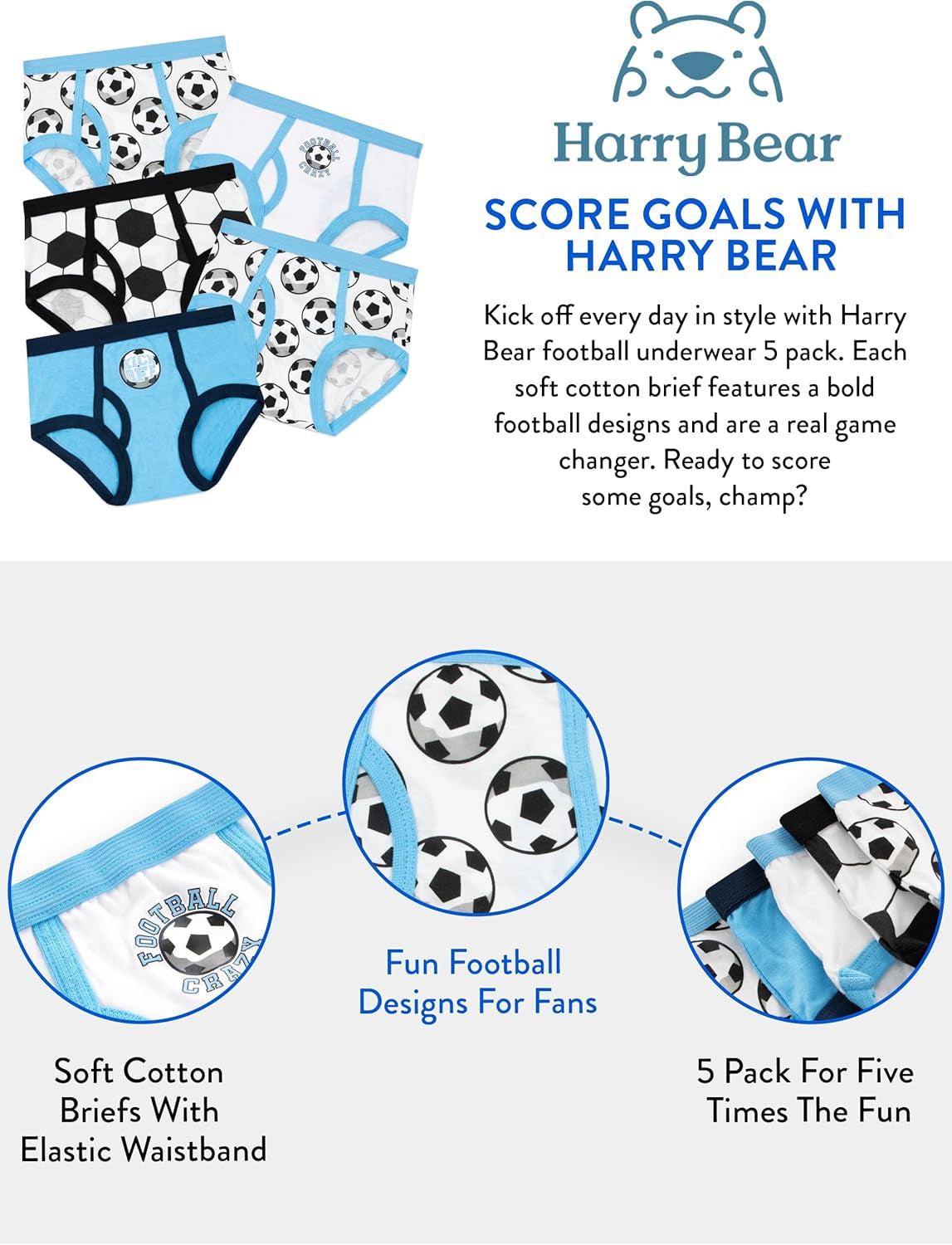 Boys Underwear | Football Briefs 5 Pack | Soft Cotton Boys Briefs | Ages 3 to 8 Years