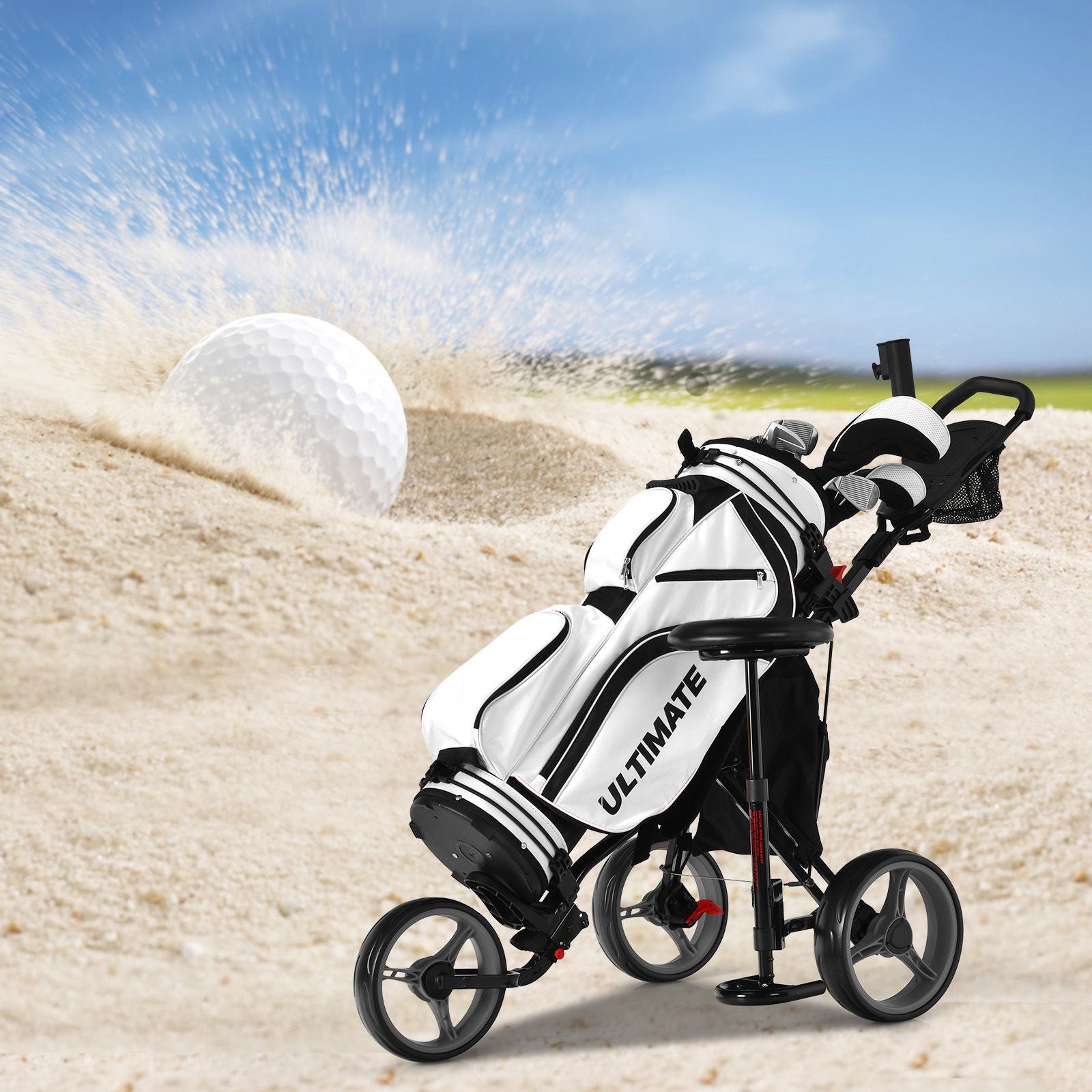 Golf Push Pull Cart with Storage Bag and Foot Brake