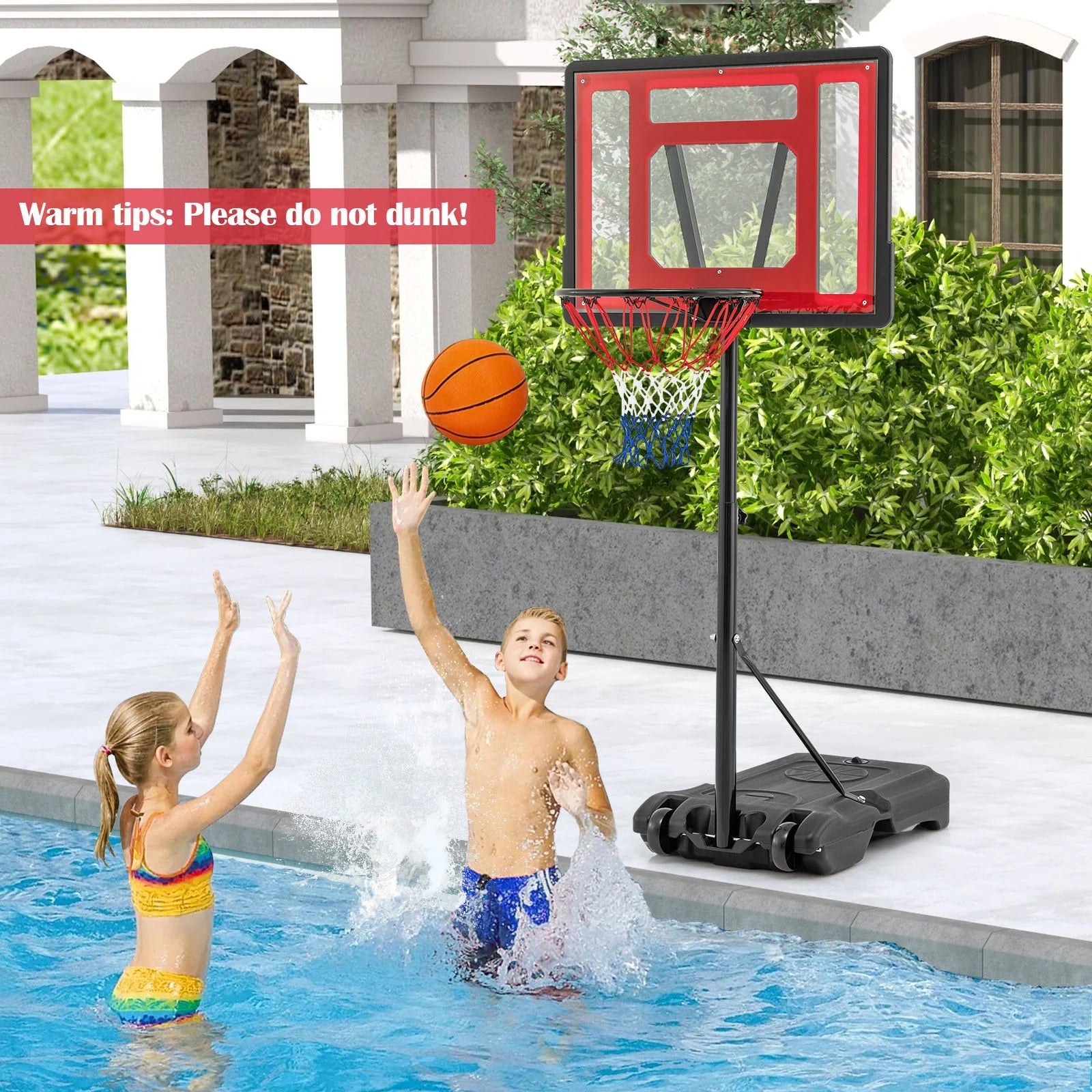 Swimming Pool Basketball Hoop Adjustable with Fillable Base and Wheels
