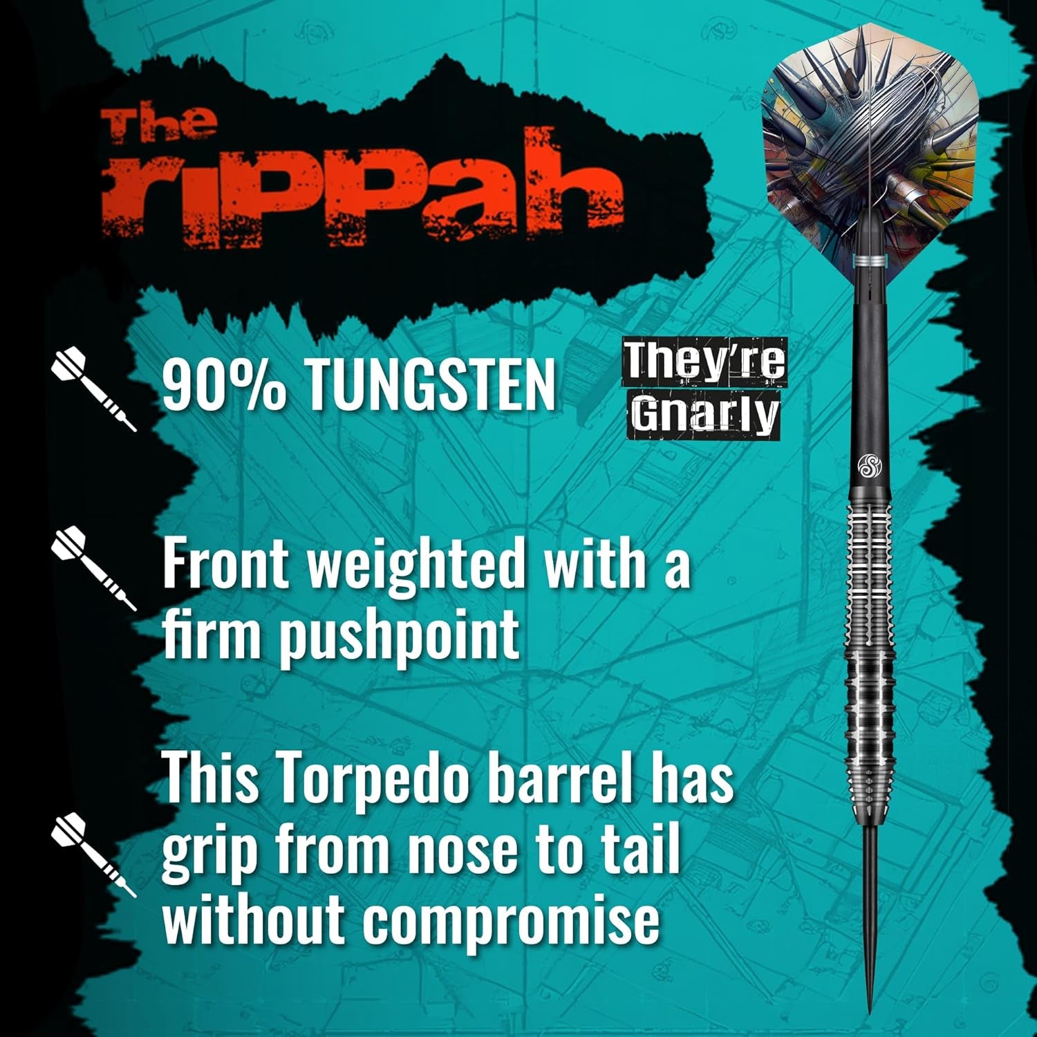 Gnarly Rippah Steel Tip Dart Set-90% Tungsten Dart Barrels, Front Weighted, Professional Darts for Bristle Dartboard