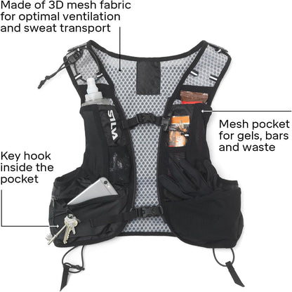 Black Running Vest with Water Bottles - Strive Light 5 or 10 Litres Pack Volume - Lightweight Running Backpack for Men and Women - Two 240 Ml Soft Flasks Included - Trail Running Vest