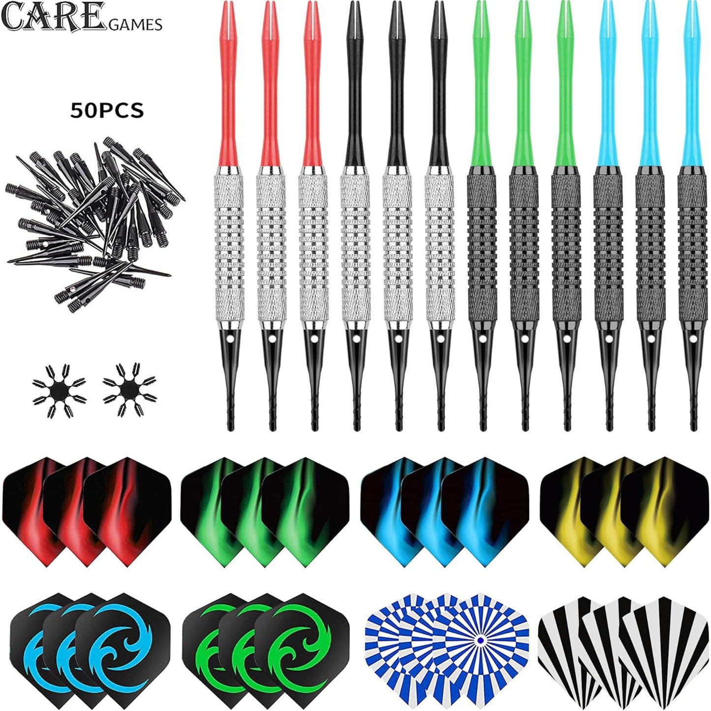 Soft Darts Set 12Packs with 4 Colors Plastic Shafts,Extra Flights,Points and Flight Protectors