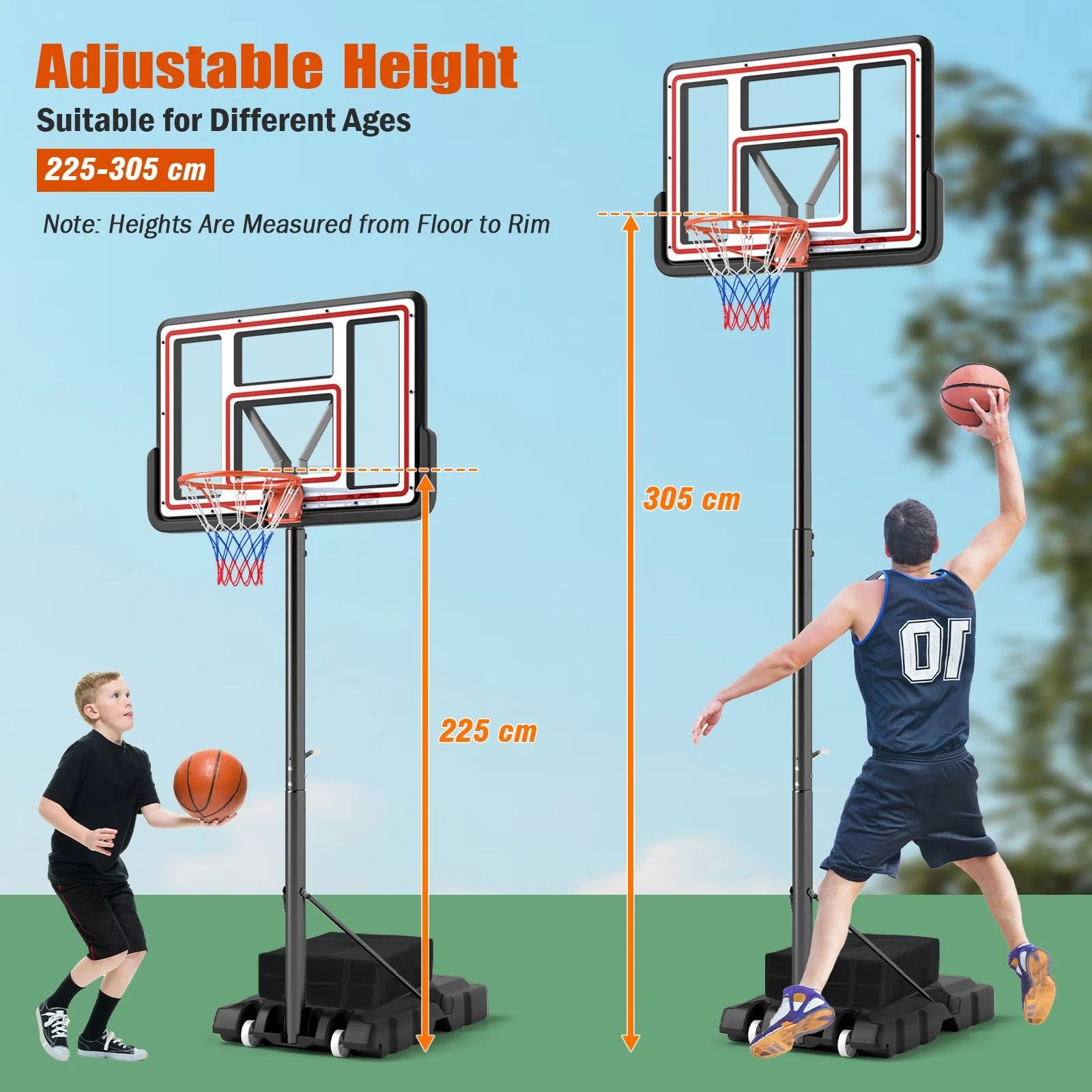 225-305Cm Portable Basketball Hoop Adjustable Basketball Goal System