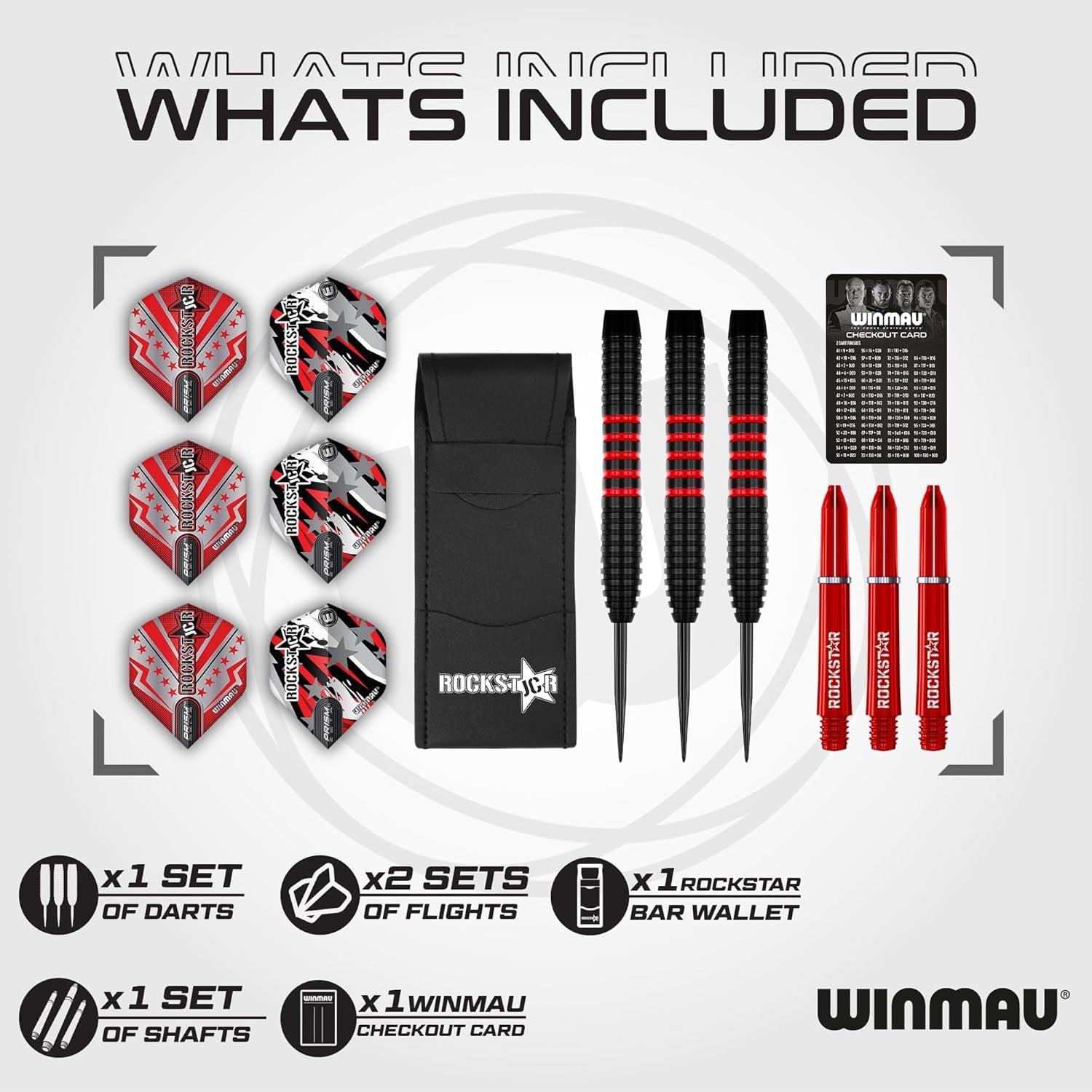 Darts Joe Cullen Rockstar 20G Brass Darts Set with Dart Flights and Dart Shafts (Stems) Including Checkout Card