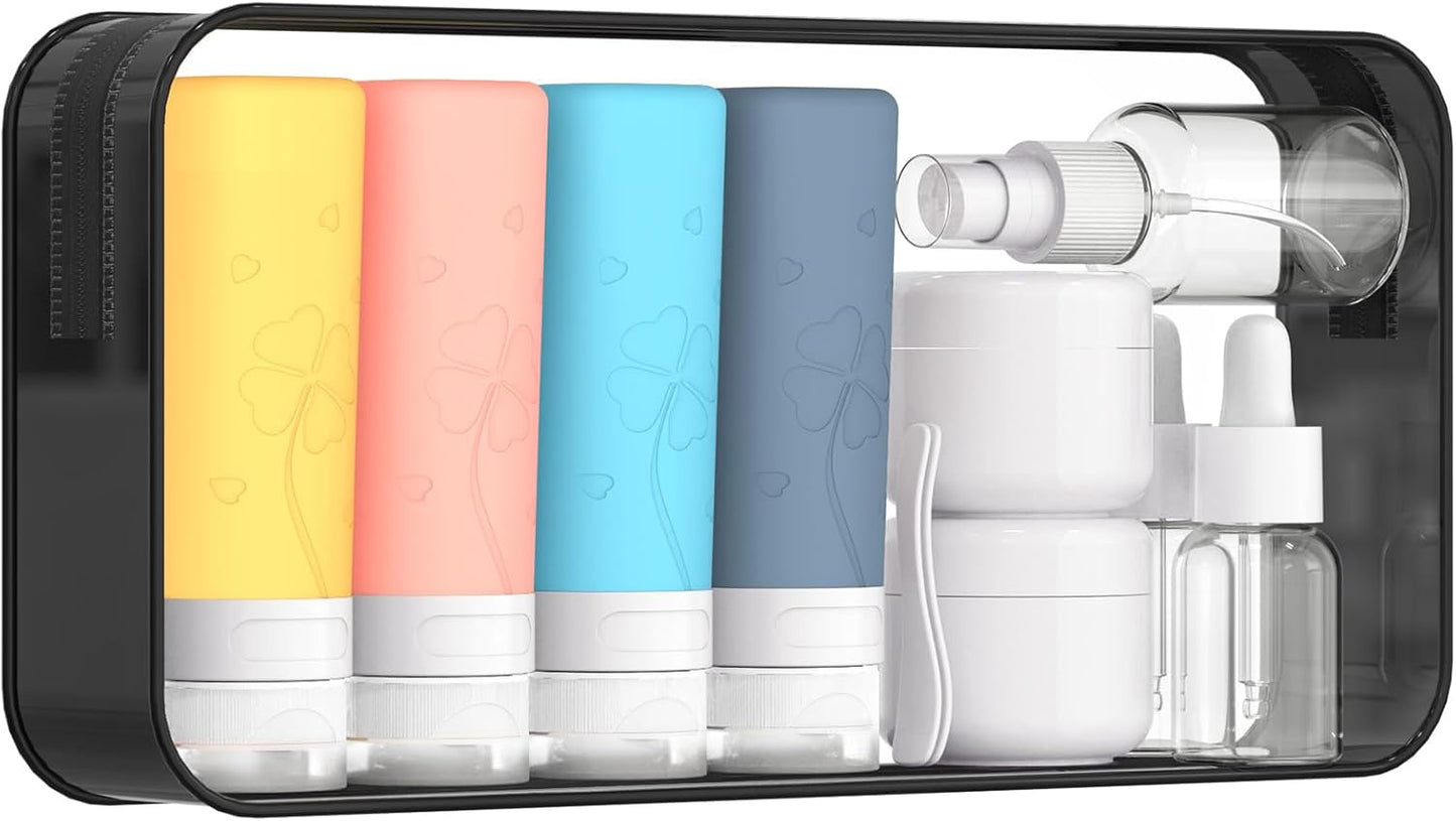 12 Pcs Travel Bottles for Toiletries, Travel Size Containers with Cream Jars, Airplane Travel Essentials Leak Proof Silicone Squeezable Travel Accessories for Shampoo Conditioner Lotion Cream