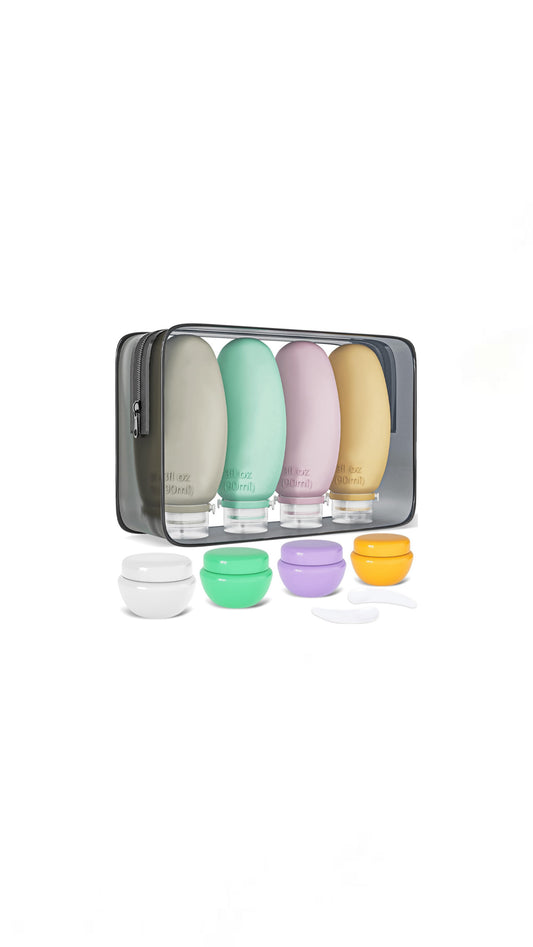 Travel Bottles for Toiletries, 4 Pack Silicone Travel Bottles Set with Clear Zipper Toiletry Bag, Leakproof Refillable Squeezable Travel Size Containers for Shampoo, Conditioner