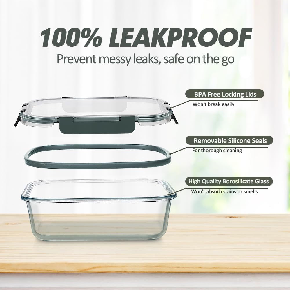 12PACK Glass Food Storage Containers Set, Airtight Glass Lunch Containers, Glass Meal Prep Containers with Lids,Exclusive of BPA, for Microwave, Oven, Freezer & Dishwasher Friendly,Grey