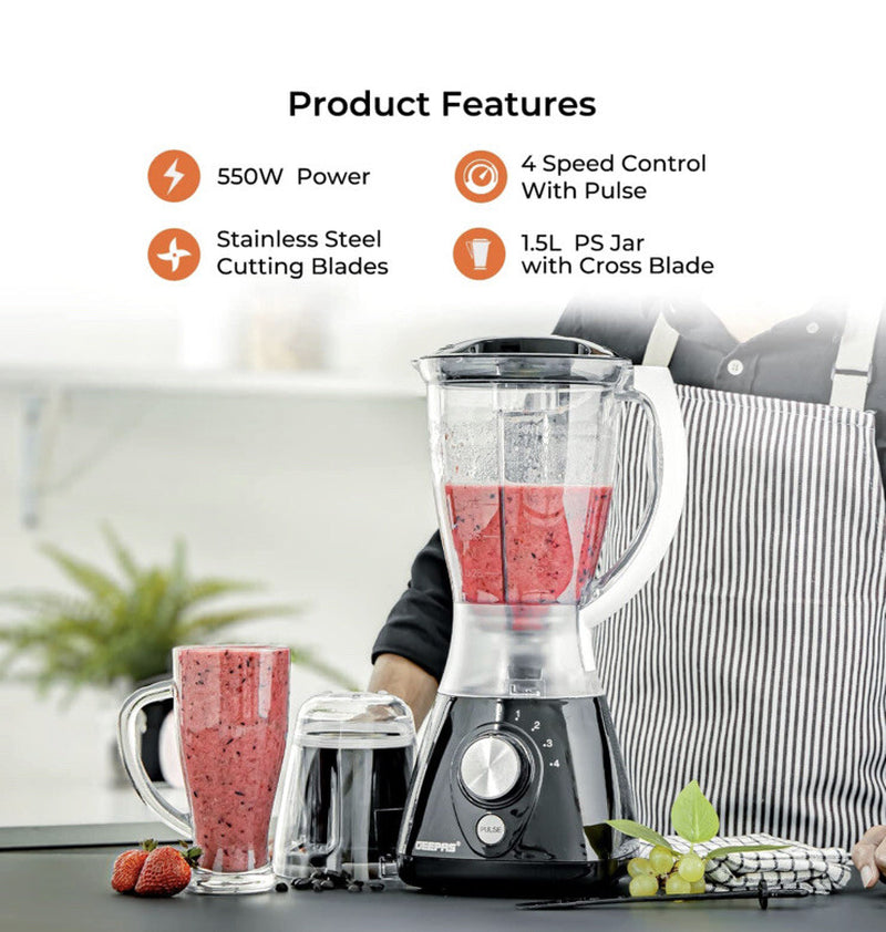 Geepas 550W 2 in 1 Food Jug Blender Ice Crusher, Mill,Coffee/Sp