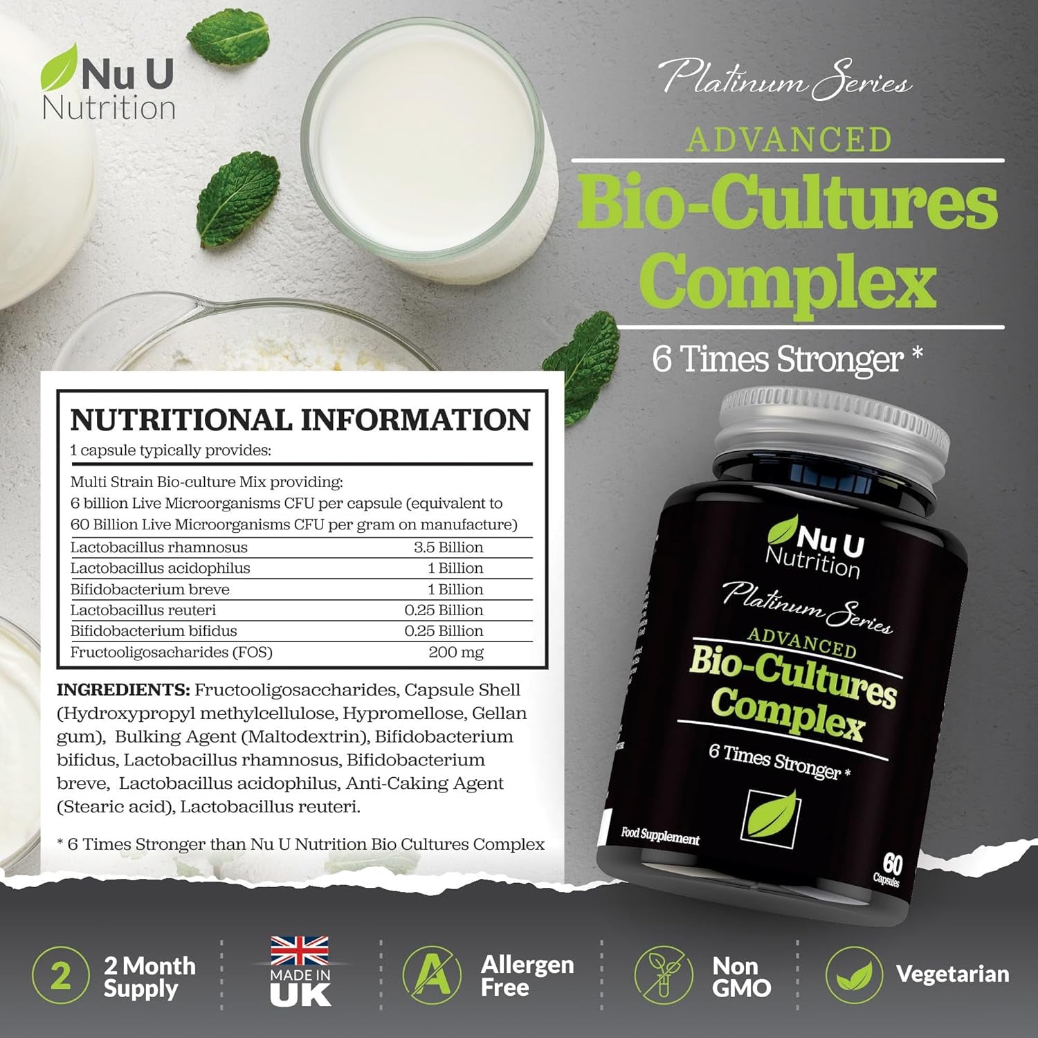 Bio Cultures Probiotics 60 Billion CFU - 60 Capsules - 2 Month Supply - 5 Active Vegetarian Strains with Lactobacillus Acidophilus & Bifidobacterium - Gut Supplements for Women & Men -