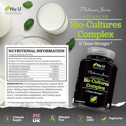 Bio Cultures Probiotics 60 Billion CFU - 60 Capsules - 2 Month Supply - 5 Active Vegetarian Strains with Lactobacillus Acidophilus & Bifidobacterium - Gut Supplements for Women & Men -