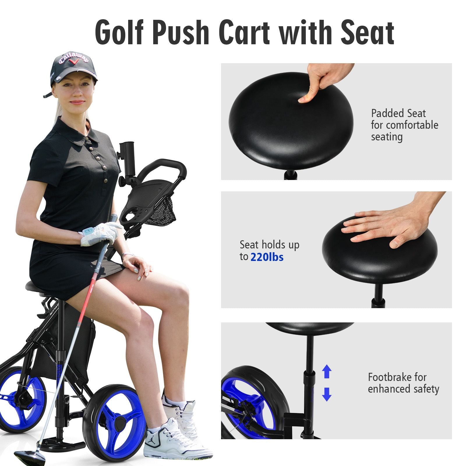Golf Push Pull Cart with Storage Bag and Foot Brake