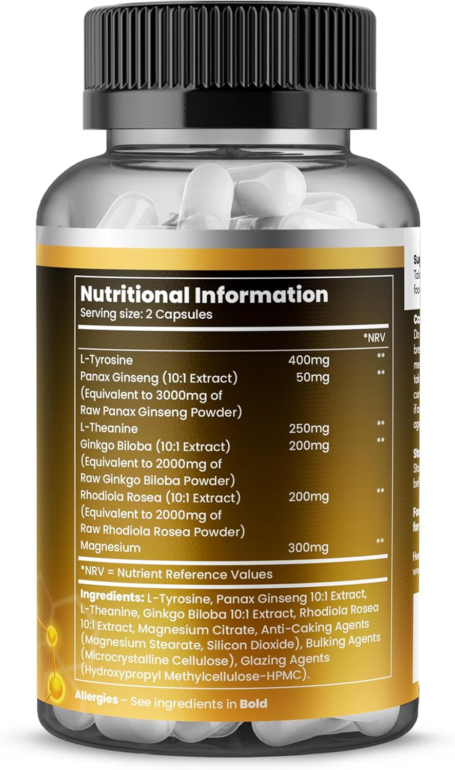 Dopamine Supplements, Balance Dopamine Levels 1400Mg Potent Complex, L Tyrosine with Added Panax Ginseng, L-Theanine, Ginkgo Biloba & Magnesium, Productivity Increase - 60 Vegan Capsules
