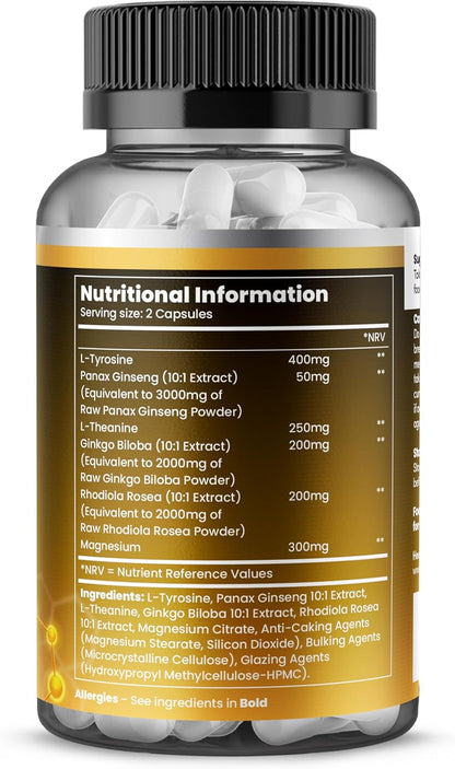 Dopamine Supplements, Balance Dopamine Levels 1400Mg Potent Complex, L Tyrosine with Added Panax Ginseng, L-Theanine, Ginkgo Biloba & Magnesium, Productivity Increase - 60 Vegan Capsules