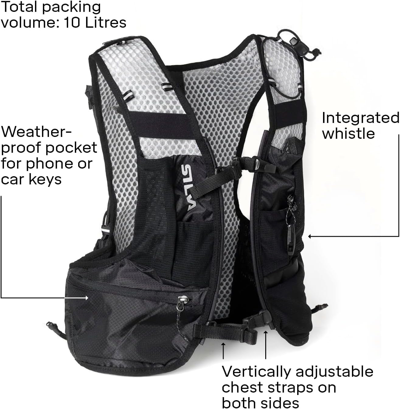 Black Running Vest with Water Bottles - Strive Light 5 or 10 Litres Pack Volume - Lightweight Running Backpack for Men and Women - Two 240 Ml Soft Flasks Included - Trail Running Vest