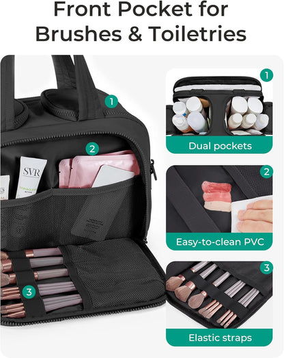 Travel Toiletry Bag, Lightweight Large Wide-Open Travel Bag for Women, Puffy Cosmetic Makeup Bag Organizer with Handle for Accessories,Essentials, Toiletries, Black