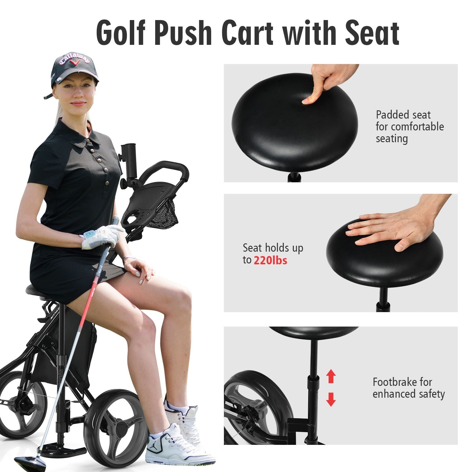 Golf Push Pull Cart with Storage Bag and Foot Brake