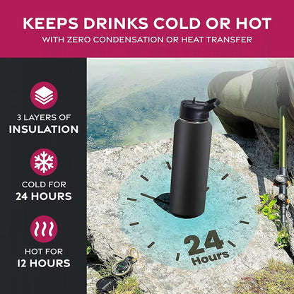 40 Oz Water Bottle Stainless Steel Thermos Bottle Keeps Cold Triple Walled Insulated Drinking Straw Gym Sports-Leisure Canteens