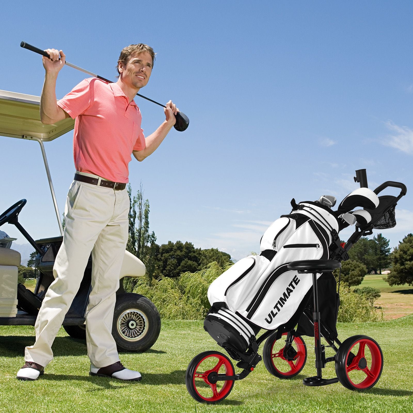 Golf Push Pull Cart with Storage Bag and Foot Brake