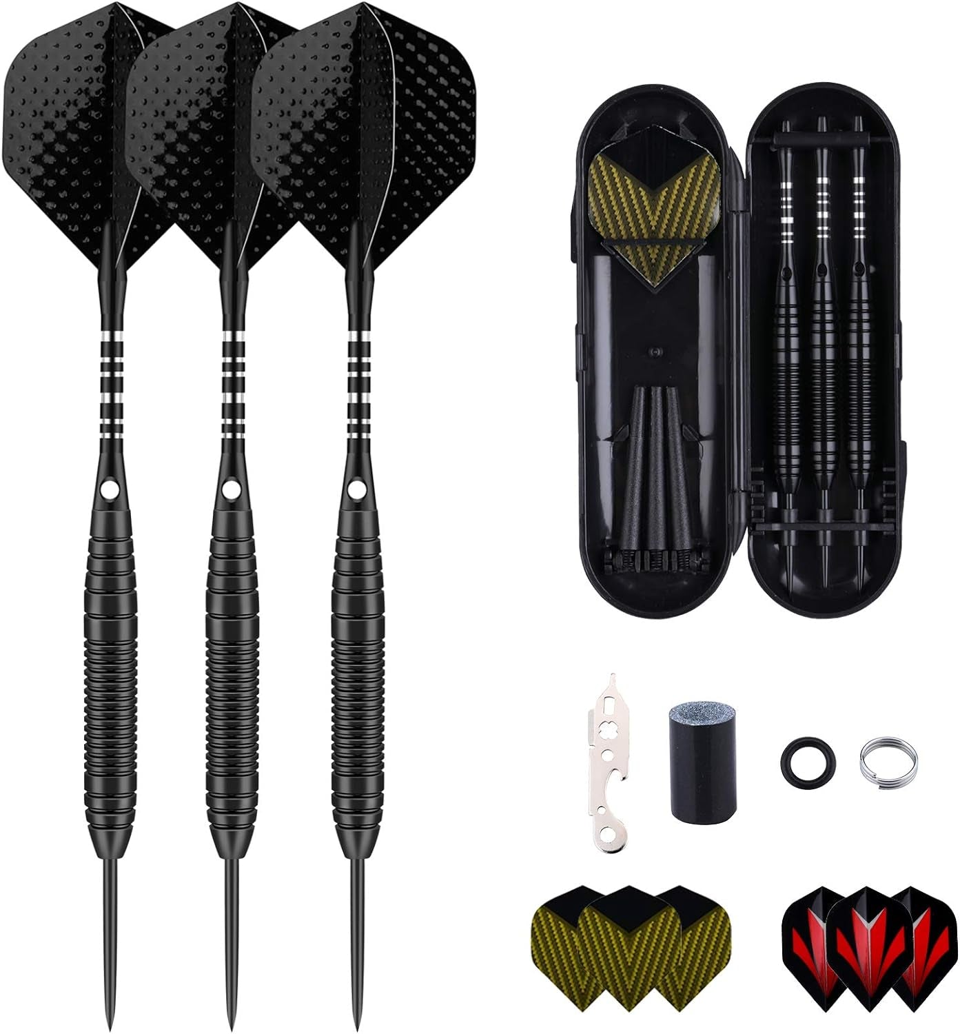 Professional 3 Pack 22G, 23G, 24G, 27G Steel Tip Darts Set with Darts Stems Flights + 50Pcs Rubber O-Rings + 12Pcs Spring Rings + 1Pcs Dart Sharpener Tool for Dart Board