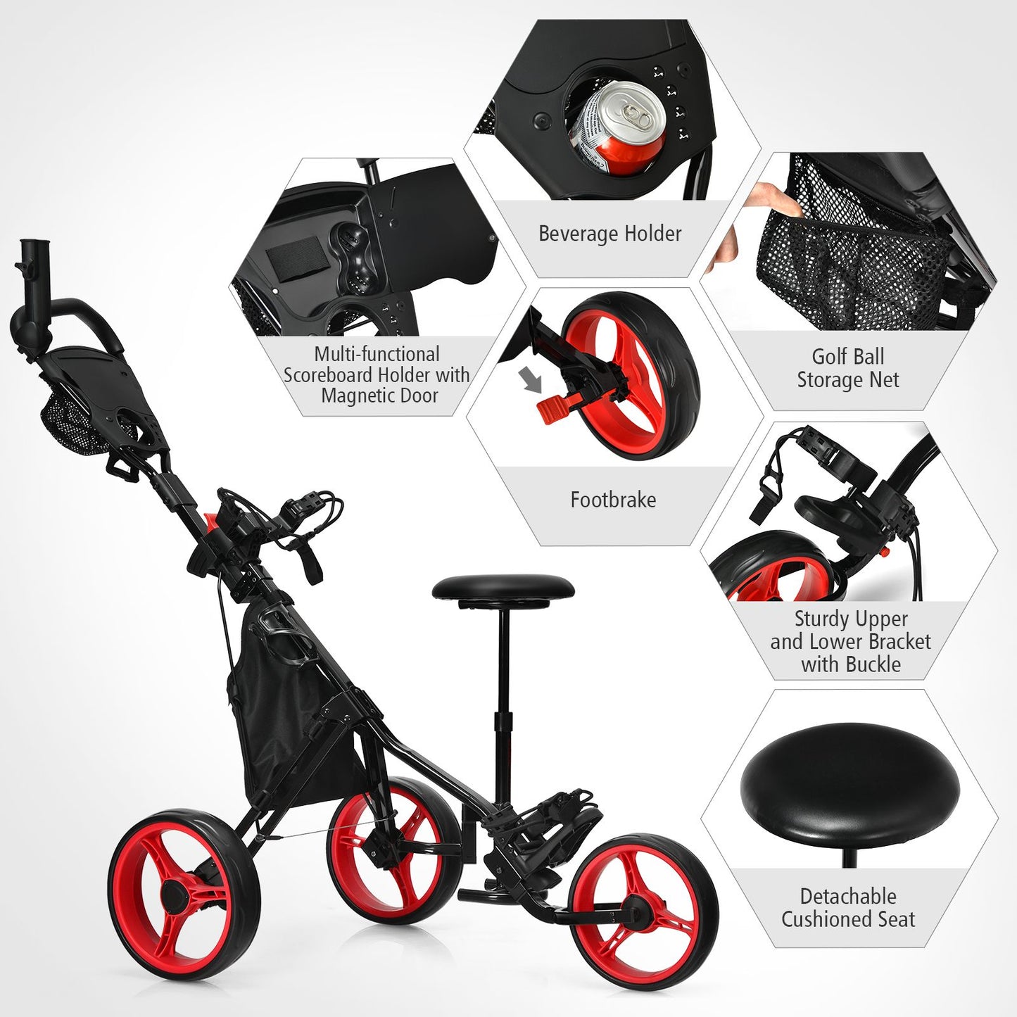 Golf Push Pull Cart with Storage Bag and Foot Brake
