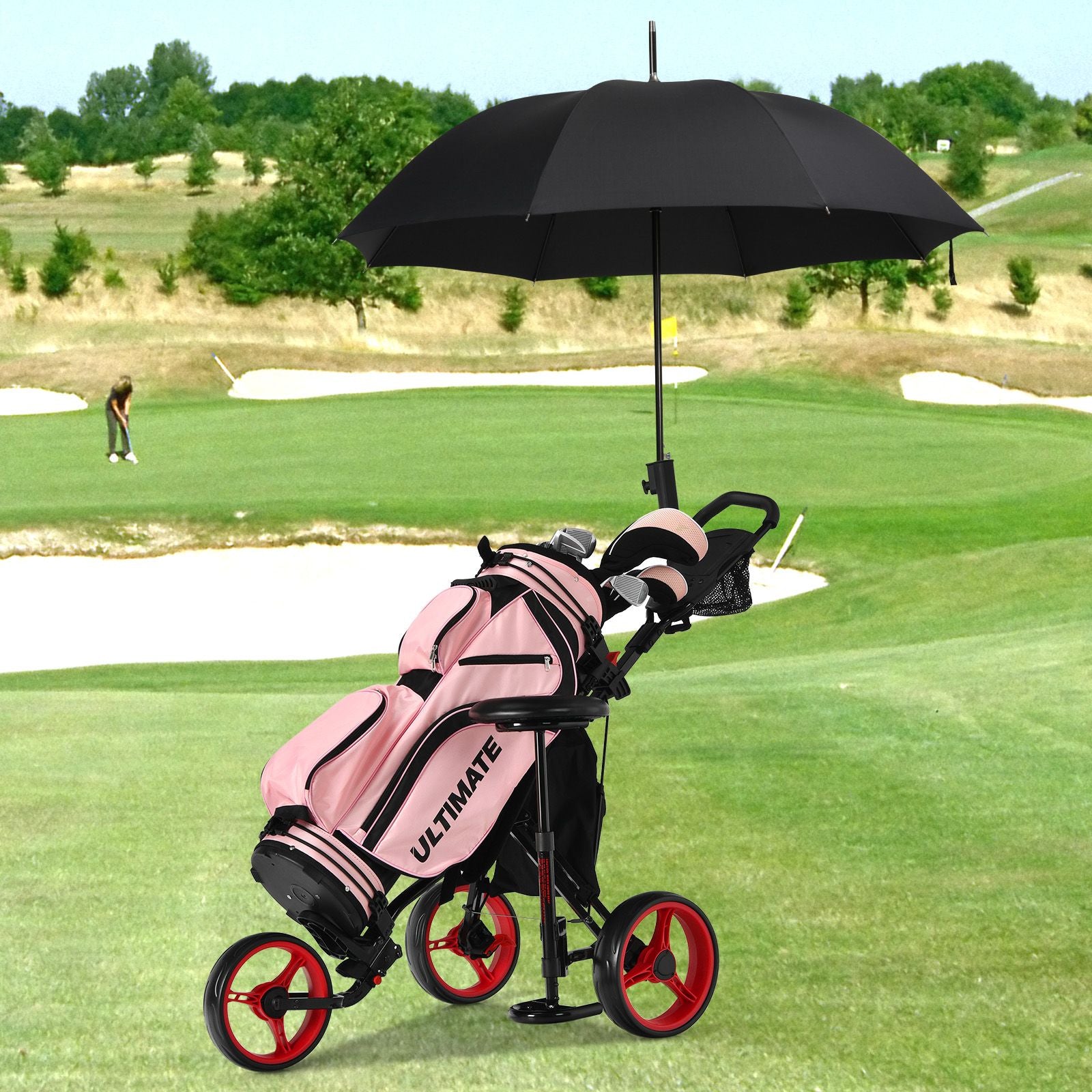 Golf Push Pull Cart with Storage Bag and Foot Brake