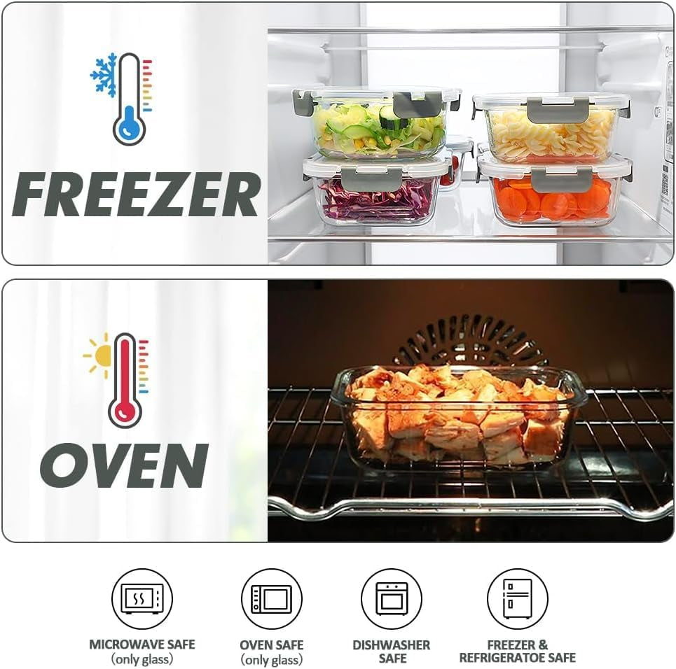 12PACK Glass Food Storage Containers Set, Airtight Glass Lunch Containers, Glass Meal Prep Containers with Lids,Exclusive of BPA, for Microwave, Oven, Freezer & Dishwasher Friendly,Grey