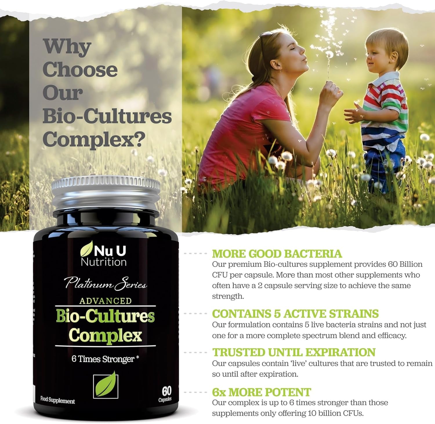Bio Cultures Probiotics 60 Billion CFU - 60 Capsules - 2 Month Supply - 5 Active Vegetarian Strains with Lactobacillus Acidophilus & Bifidobacterium - Gut Supplements for Women & Men -
