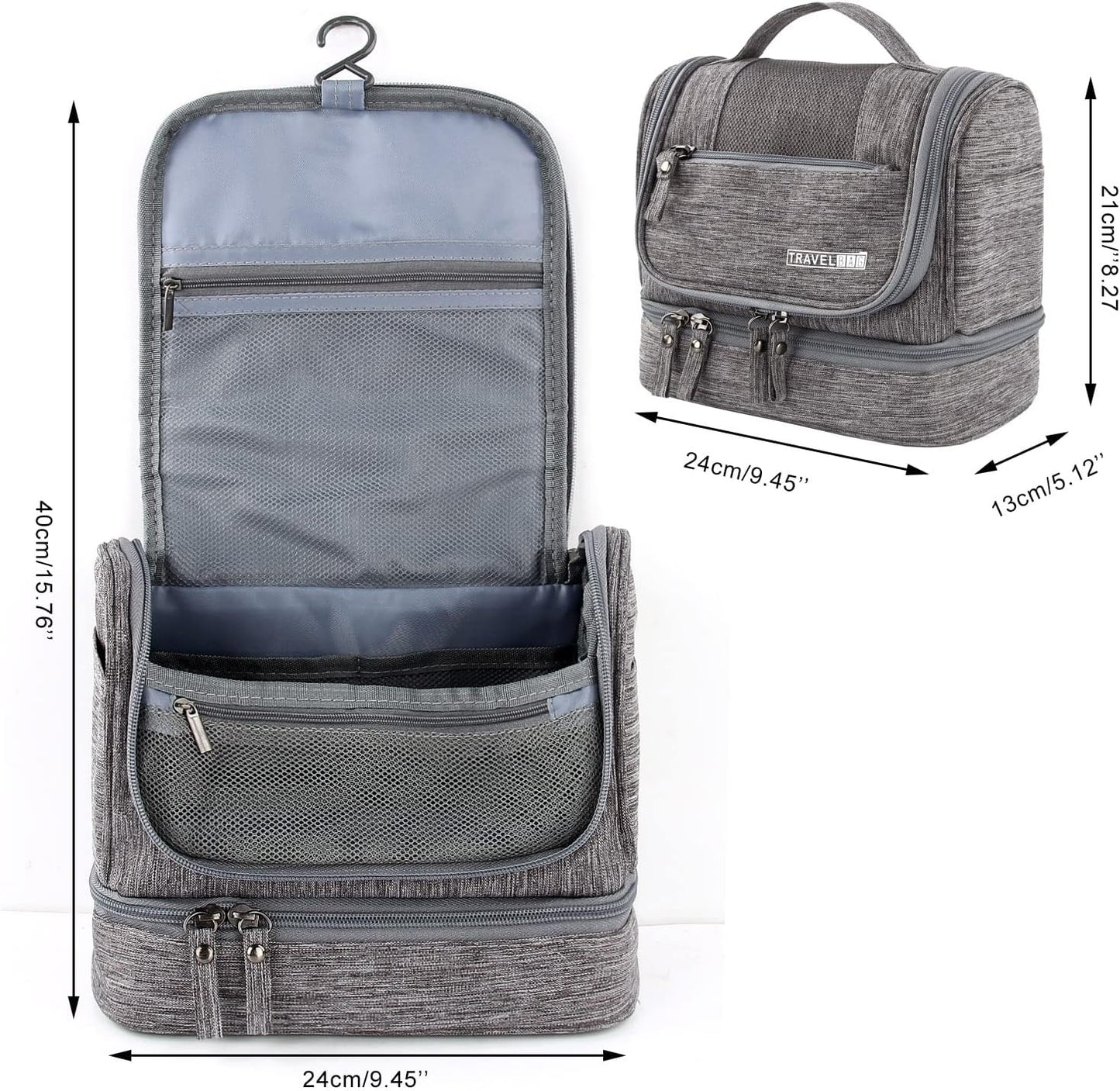 Large Travel Toiletry Bag, Women Mens Wash Bag, Cosmetic Wash Bag with Dry and Wet Separation 2 Layers Design Waterproof Bathroom Bag(Grey)