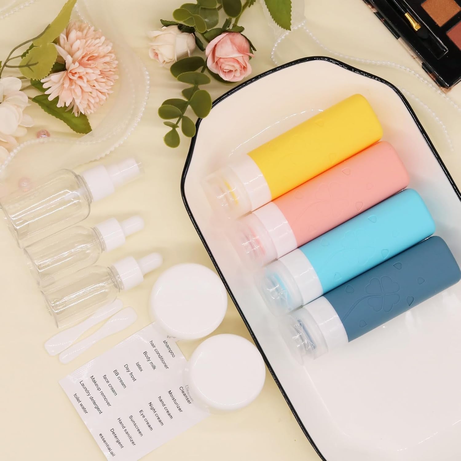 12 Pcs Travel Bottles for Toiletries, Travel Size Containers with Cream Jars, Airplane Travel Essentials Leak Proof Silicone Squeezable Travel Accessories for Shampoo Conditioner Lotion Cream