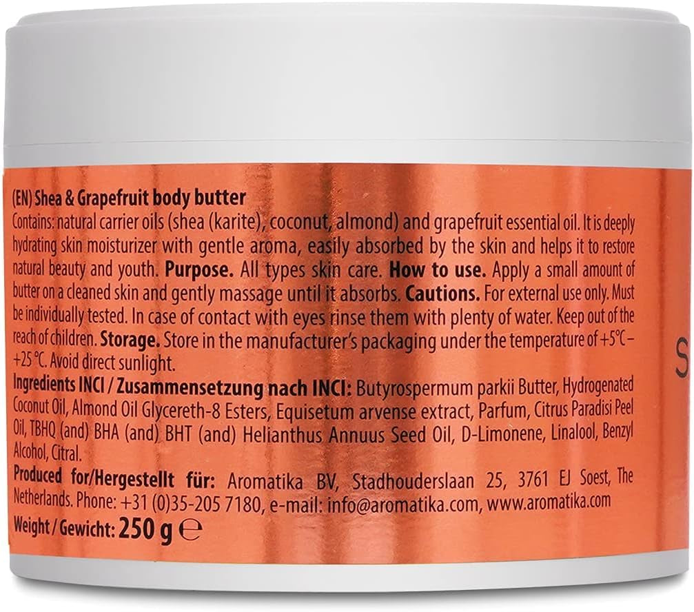 Shea & Grapefruit Body Butter - 250 G - Natural Body Moisturizer - Herbal Oils Butter - Multipurpose Skincare - Body Butter for Massage - Grapefruit Butter - Hand Care - Sheabutter for Rough Skin