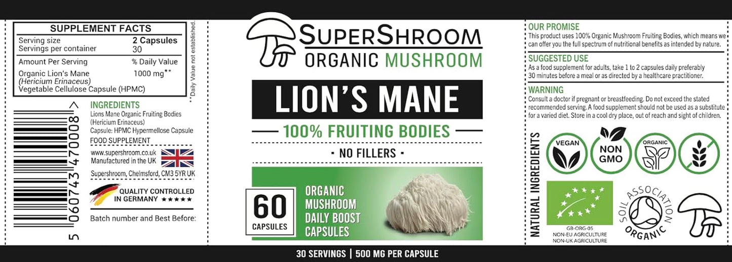 Organic Lions Mane  Supplements | Full-Spectrum Mushroom Powder | 100% Fruiting Bodies | No Fillers