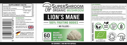 Organic Lions Mane  Supplements | Full-Spectrum Mushroom Powder | 100% Fruiting Bodies | No Fillers