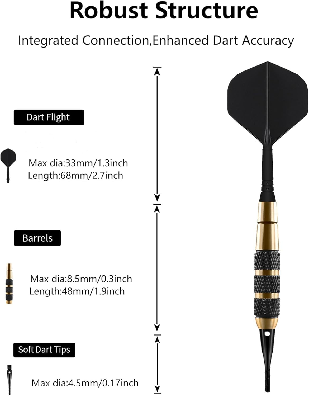 ​​ 18G Soft Tip Darts Set - 3 Brass Barrel Darts with Integrated Shaft & Flight, 30 Plastic Tips & Dart Case - Safety for Adults/Kids, Perfect for Indoor/Office/Bar/Family Games​